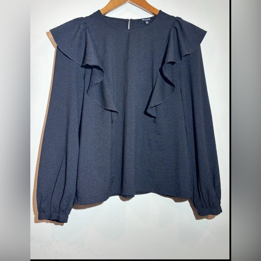 Madewell‎ Ruffle Shoulder Long Sleeve Blouse Navy Blue Textured Top Small